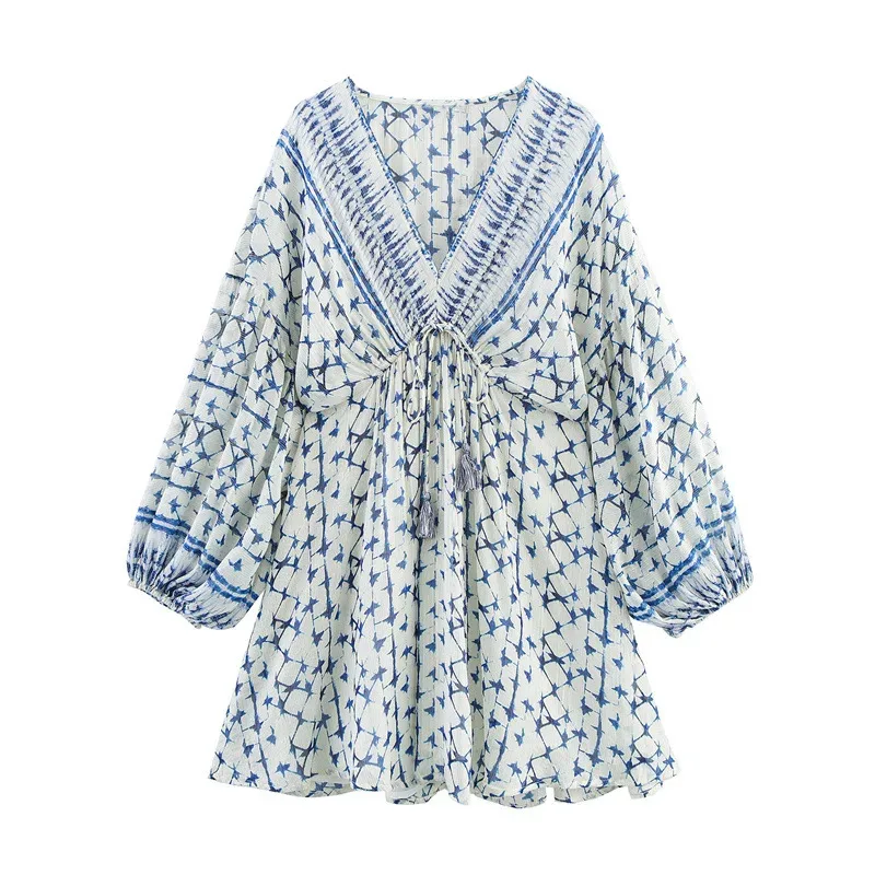 

Women's Retro Bohemian V-Neck Mini Dress Casual Loose Fashion Print Design for Commuter Holiday