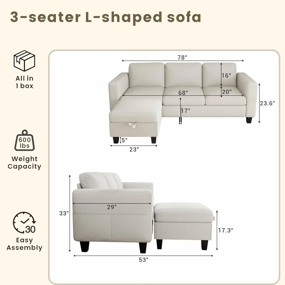 Sofás para Salón - Sofá Cloud en Forma de L - Pequeño Modular Seccional de 3 Asientos - Cómodo Lino con Almacenamiento Sofá de Asiento Profundo