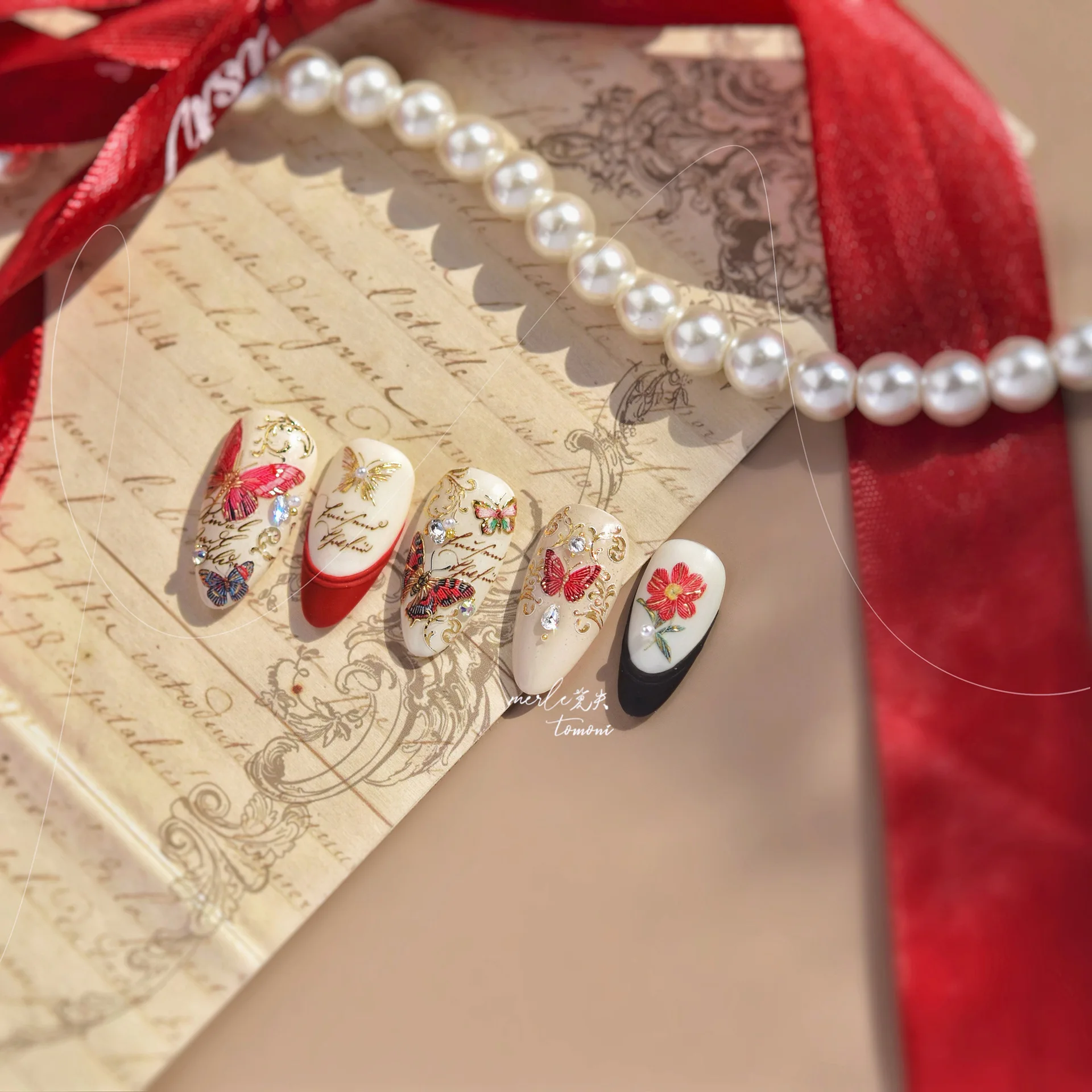 High Quality Wealthy Embroidered Butterfly And Flower With Golden Thread Nail Sticker Nail Art Decal Design Manicure Tool MS-919