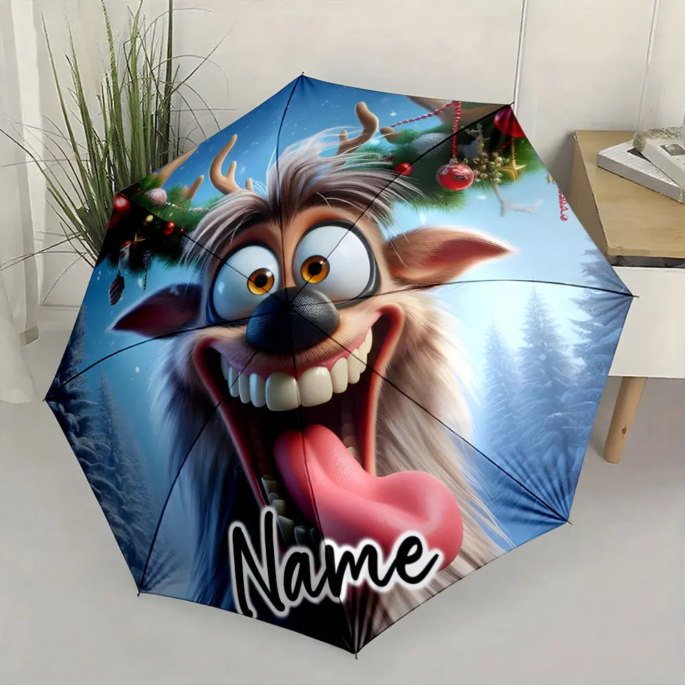 Custom Name Cartoon Style Deer Umbrella with Festive Decorations Print 8 Iron Ribs Folding Umbrella Auto-Open Fashion Sunshade