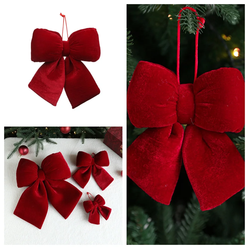 Christmas Bow Decoration Velvet Red Bow Knot Baubles Hanging Ornaments DIY Xmas Trees Pendant For Holiday Home Party Decorations