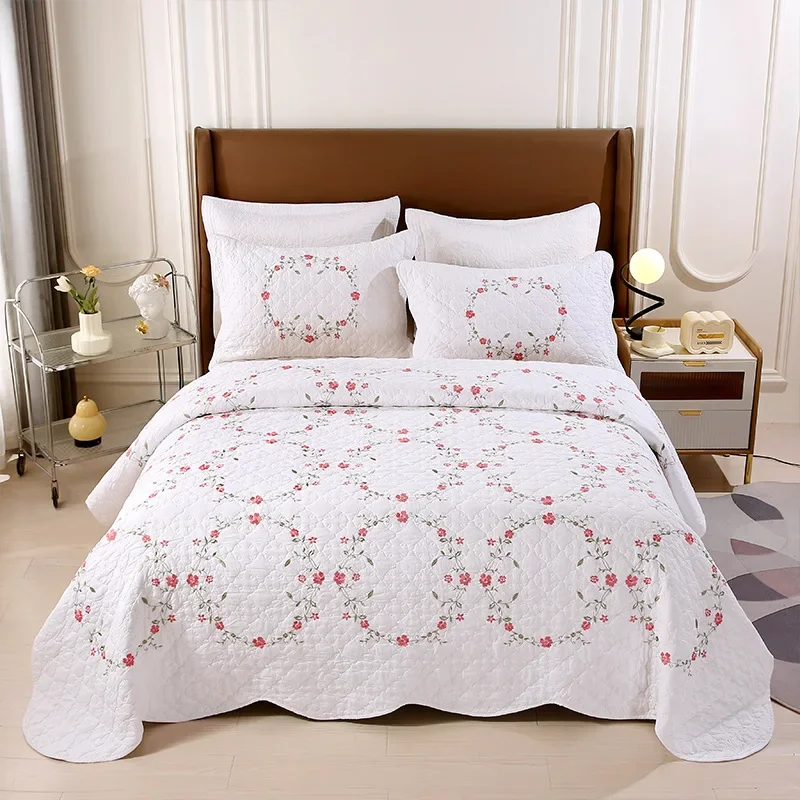 3-Piece Set Countryside Embroidered Quilted Bedspread, 100% Cotton Summer Lightweight Comforter, Quilt Bed Cover for Home Decor