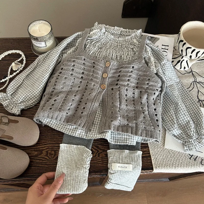 

Children Girls 3PCS New Autumn Plaid Toddler Kids Girls Knit Solid Color 4-6Y Girls Coat Elastic Waist Little Girls Leggings