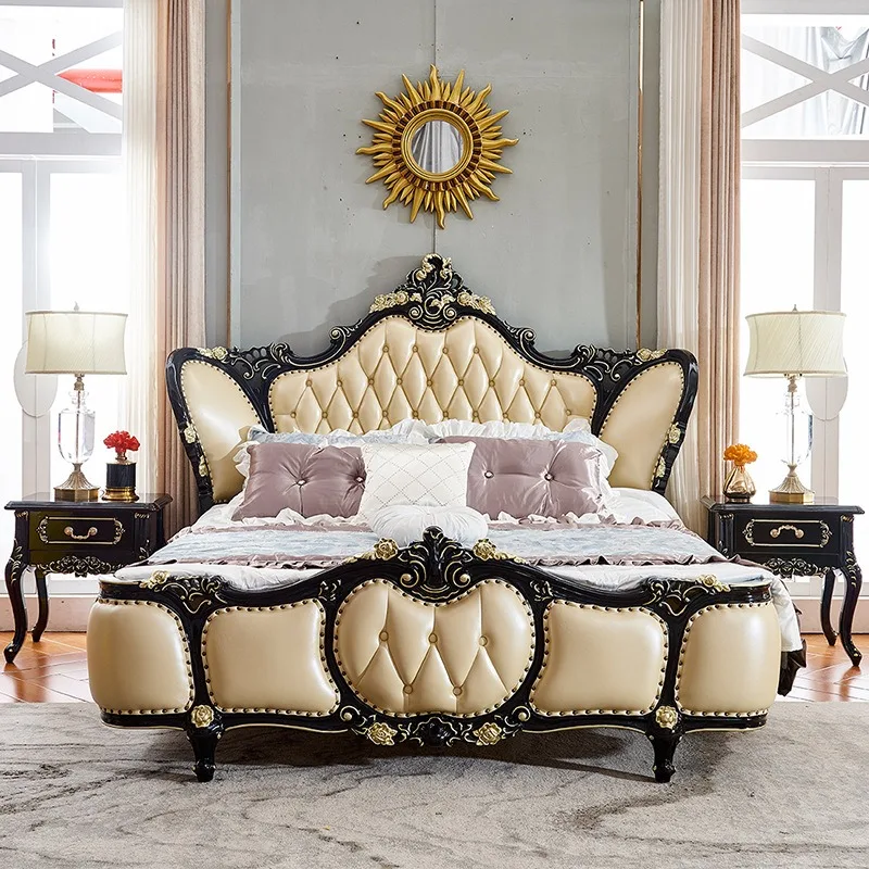 European-style ebony solid wood bed, genuine leather wedding bed