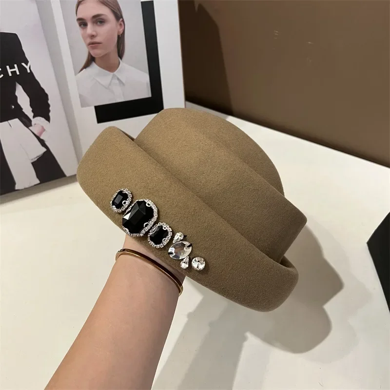 High Quality Rhinestone Wool Top Hat Korean Version Versatile Beret Fashion Retro Style Painter's Hat Church Dress Bucket Hat