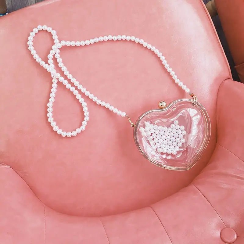 Girls Bag Korean Sweet Transparent Acrylic Love Type Pearl Chain Shoulder Bag Crossbody Bags for Women