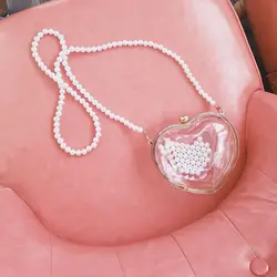 Girls Bag Korean Sweet Transparent Acrylic Love Type Pearl Chain Shoulder Bag Crossbody Bags for Women