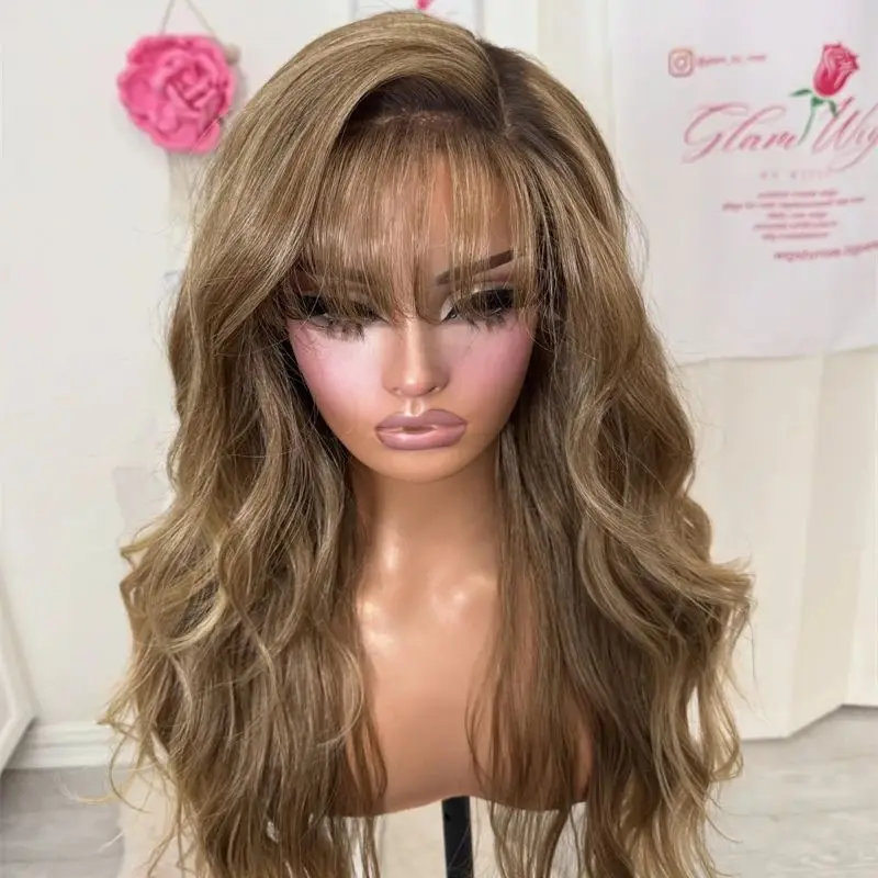 

Balayage Ombre Каштаново-коричневый синтетический HD парик с кружевной передней частью и челкой, вечерние повседневные парики, 28 дюймов, длинный объемный парик, плотность 180%