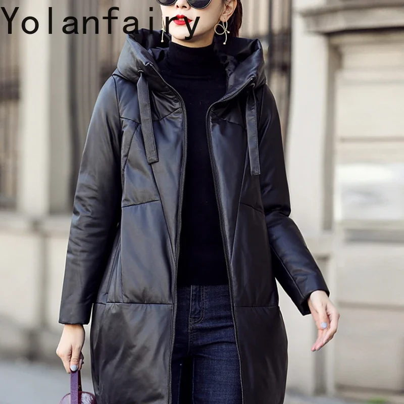 YOLANFAIRY Genuine Leather Sheepskin Outwears Fashion Women Clothing Winter Hooded Long Down Coats New Jaqueta De Couro Feminina