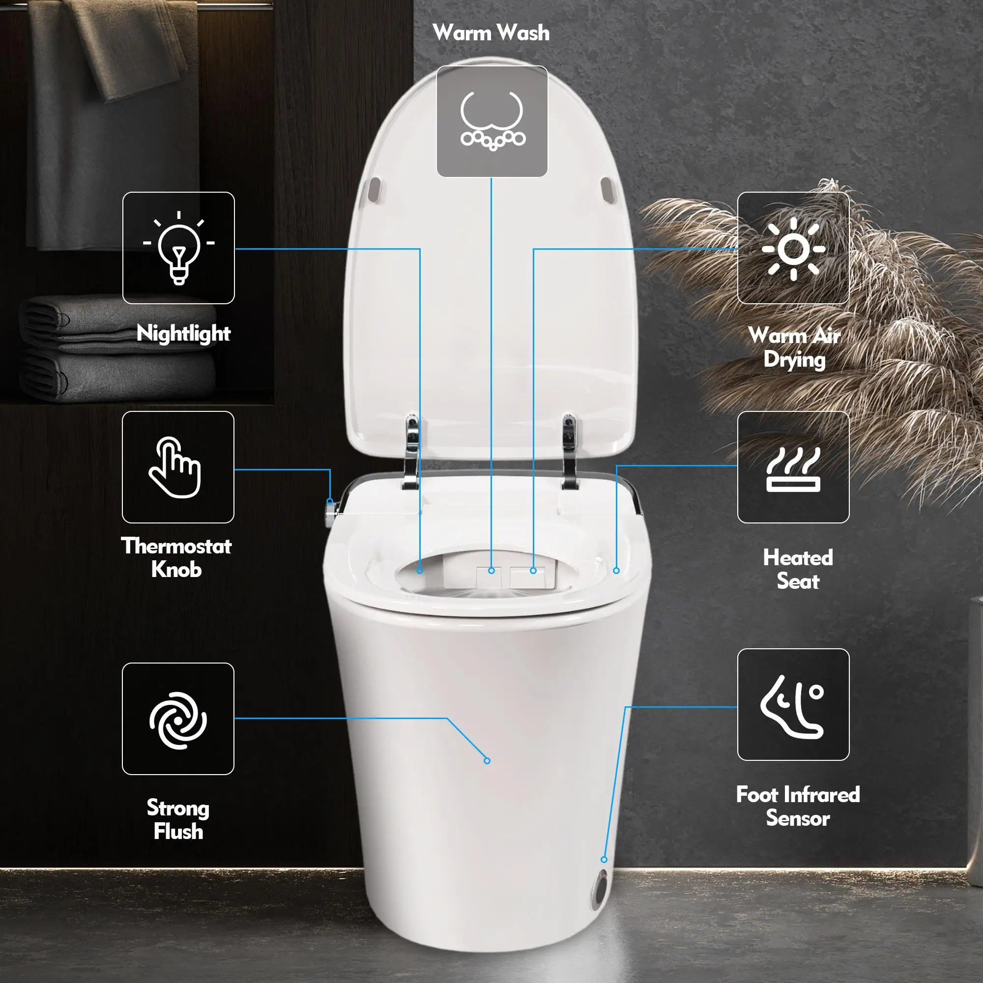 Luxury Smart Toilet with Dryer and warm water, Elongated Bidet Toilet with Heated Seat, with Remote Control, LED Night Light