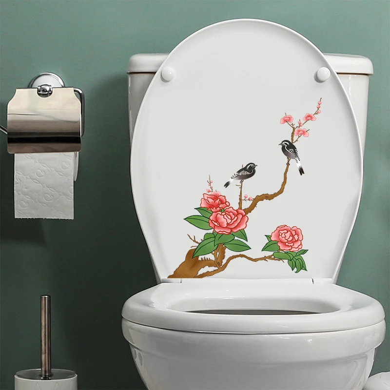 C1# Pink Cherry Blossoms Toilet Sticker Bathroom Toilet Cover Sticker Wall Stickers Wc Accessories Fun For Home Decoration