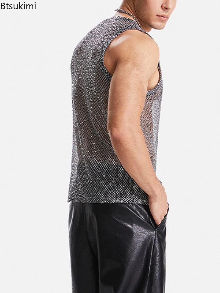 Sexy Men\'s Hollow Out Mesh Tank Tops Fashion Sequin Woven Casual Sleeveless Vest Tops 2024 See Through Streetwear Male Waistcoat