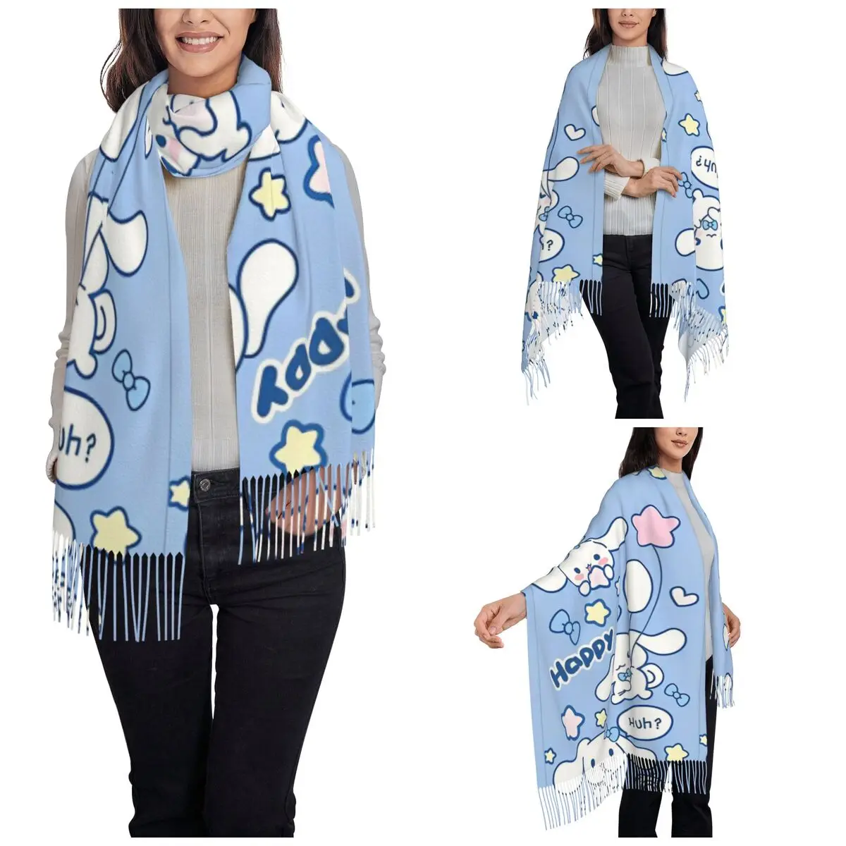 Cartoon Cinnamoroll Kawaii Scarf for Women Fall Winter Cashmere Shawls and Wrap Long Large Scarves with Tassel for Ladies