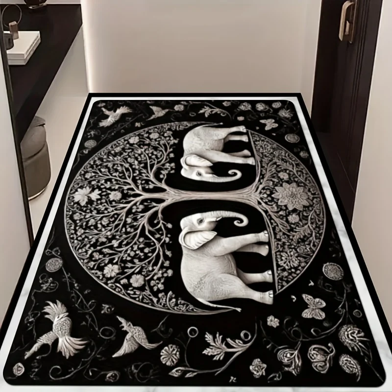 Boho Bohemian Elephant Tree of Life Animal Pattern Black Doormat Floor Mat Runner Rug Polyester Decorative Welcome Mat