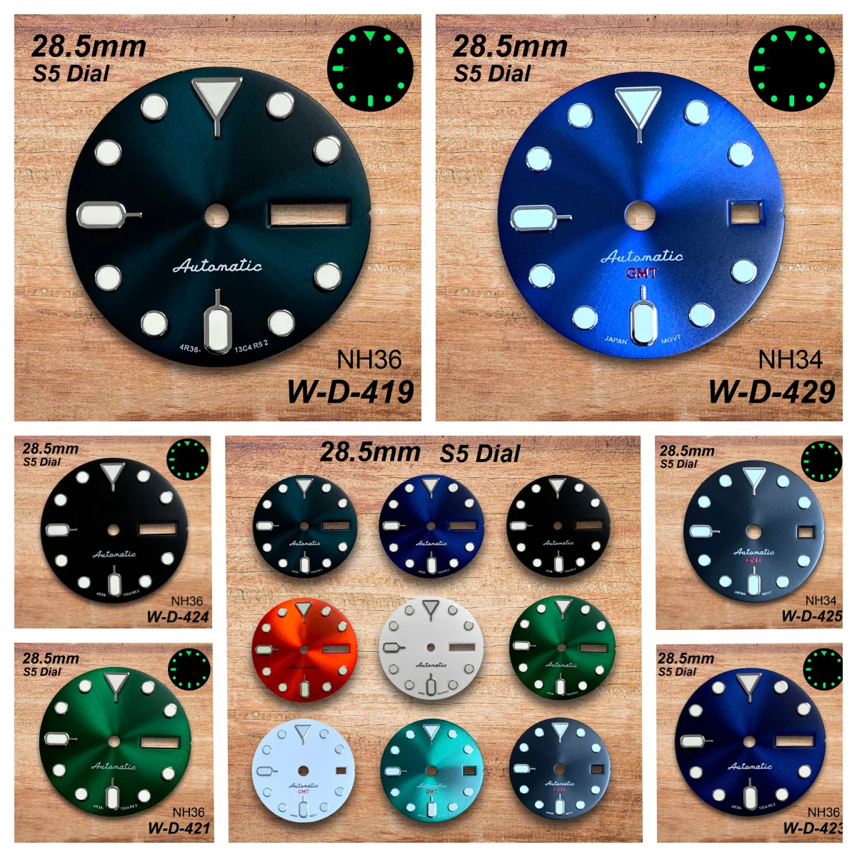 

28.5mm S5 Logo SKX007 GMT Dial Fit NH34/NH36 Movement Green Luminous High-Quality Dual Calendar Watch Modification Accessories