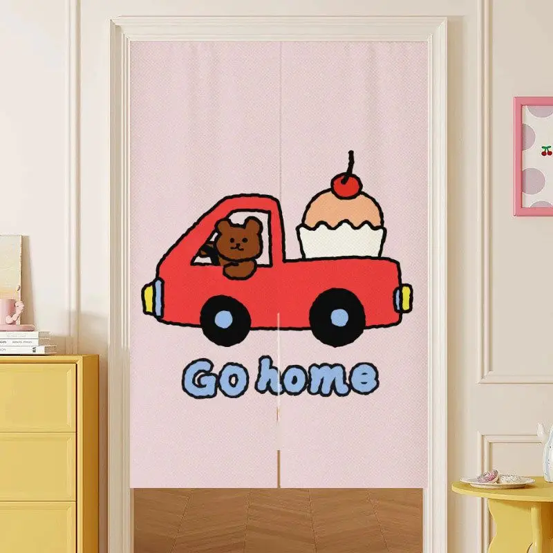 VIKAMA Birthday Bear Japanese Style Half Door Curtain, Bear Cake Fabric Privacy Divider, Cute Party Home Decor