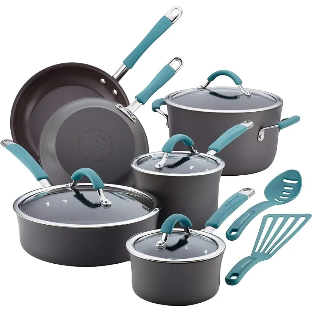 Cucina Hard Anodized Nonstick Cookware Pots and Pans Set, 12 Piece, Gray with Blue Handles