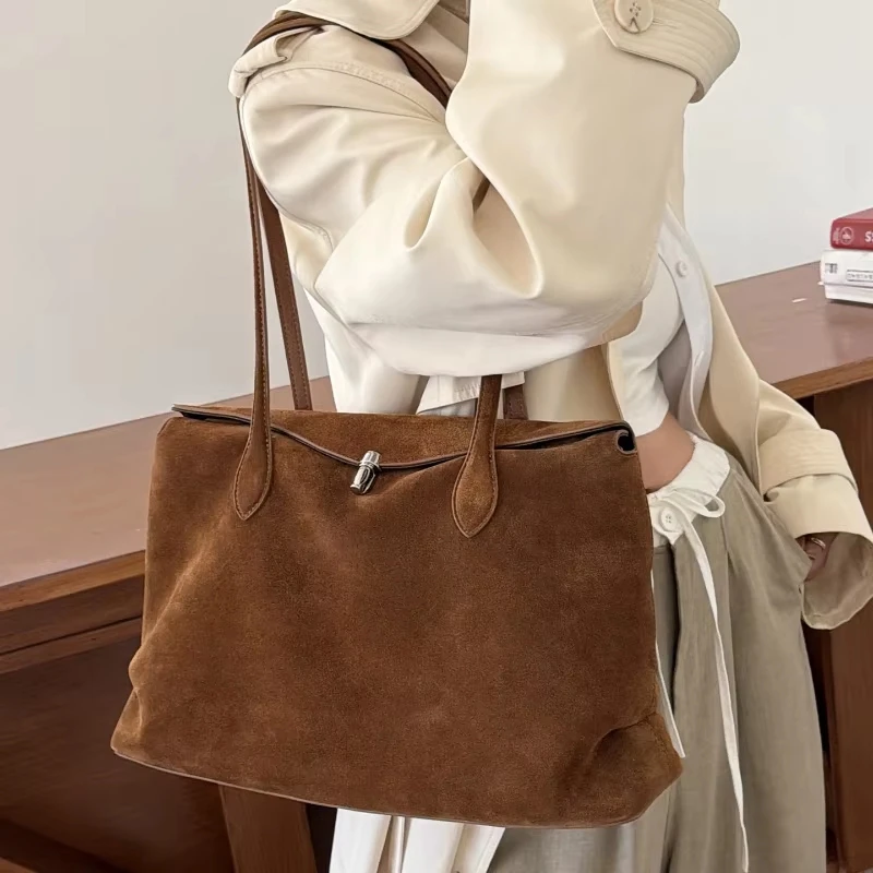 Suede Cowhide Tote Bags For Women Fashion Large Capacity Handbags Autumn Winter Elegant Commuter Shoulder Bag Underarm Bags