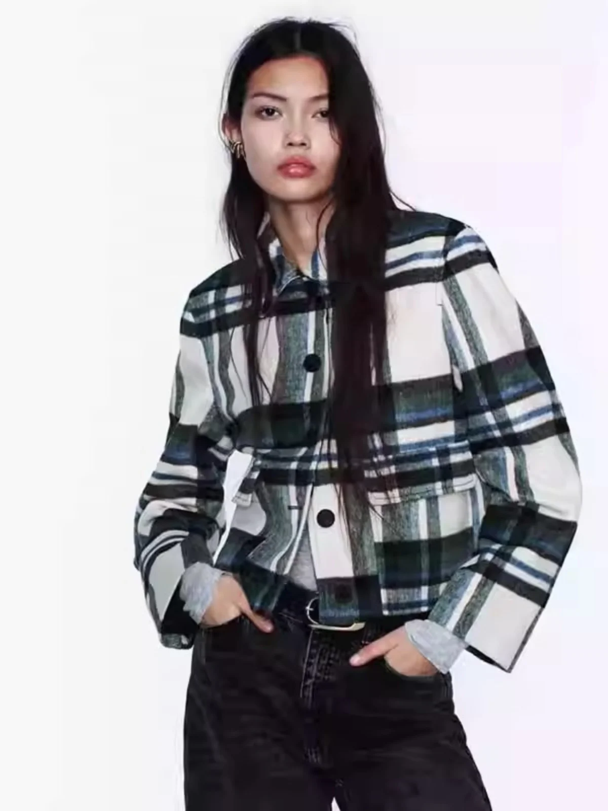 

Trendy Casual Plaid Coat Top Women's Faion All-Match Winter New Sle ort Outerwear Straight Cut Regular Thin