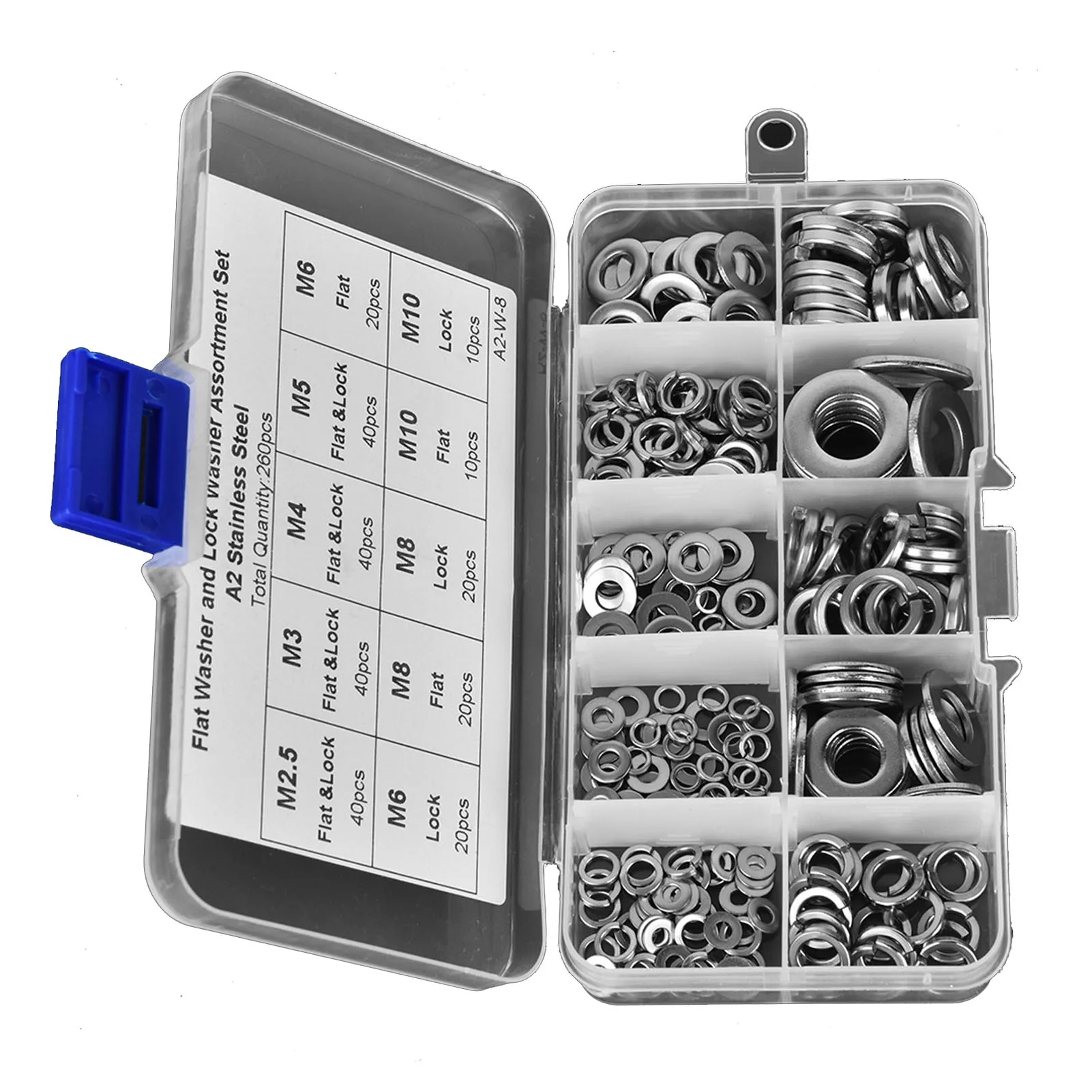260Pcs Flat Washer Spring Washer Assortment Set Stainless Steel M2.5-M10 Lock Washer Flat Washer Hardware Accessories ﻿