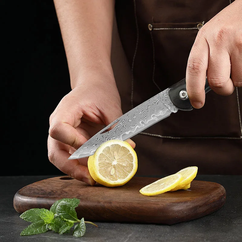 Super Sharp Damascus VG10 Steel Pocket Knife Folding Blade Wooden Handle Kitchen Fruit Meat Vegetable Cutting Knife Holiday Gift view 3
