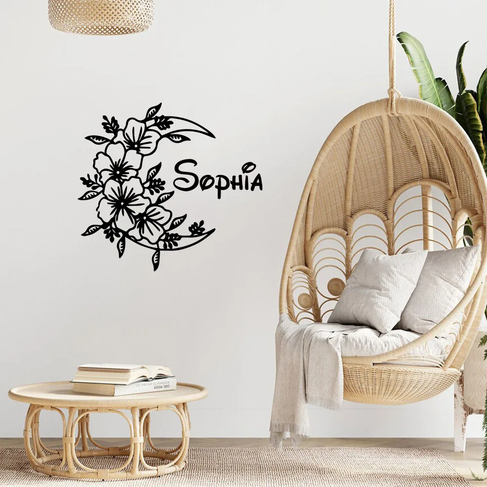 1PC Creative Moon Flower Customizable Name Home Decorations Pvc Decal For Study Room Wall Art Sticker Murals