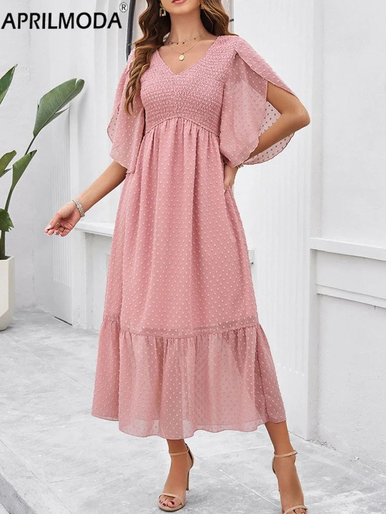 

Pink Black Blue Summer Solid V Neck Elegant Midi Long Vintage Flare Dress Flare Sleeve Office OL Casual Birthday Dress for Women