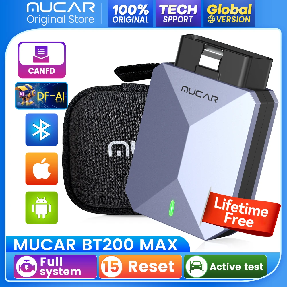 

MUCAR BT200 MAX Ai Автомобильный диагностический сканер OBD2, полная система 15, двунаправленный сброс, срок службы, бесплатный считыватель кодов обновления CANFD