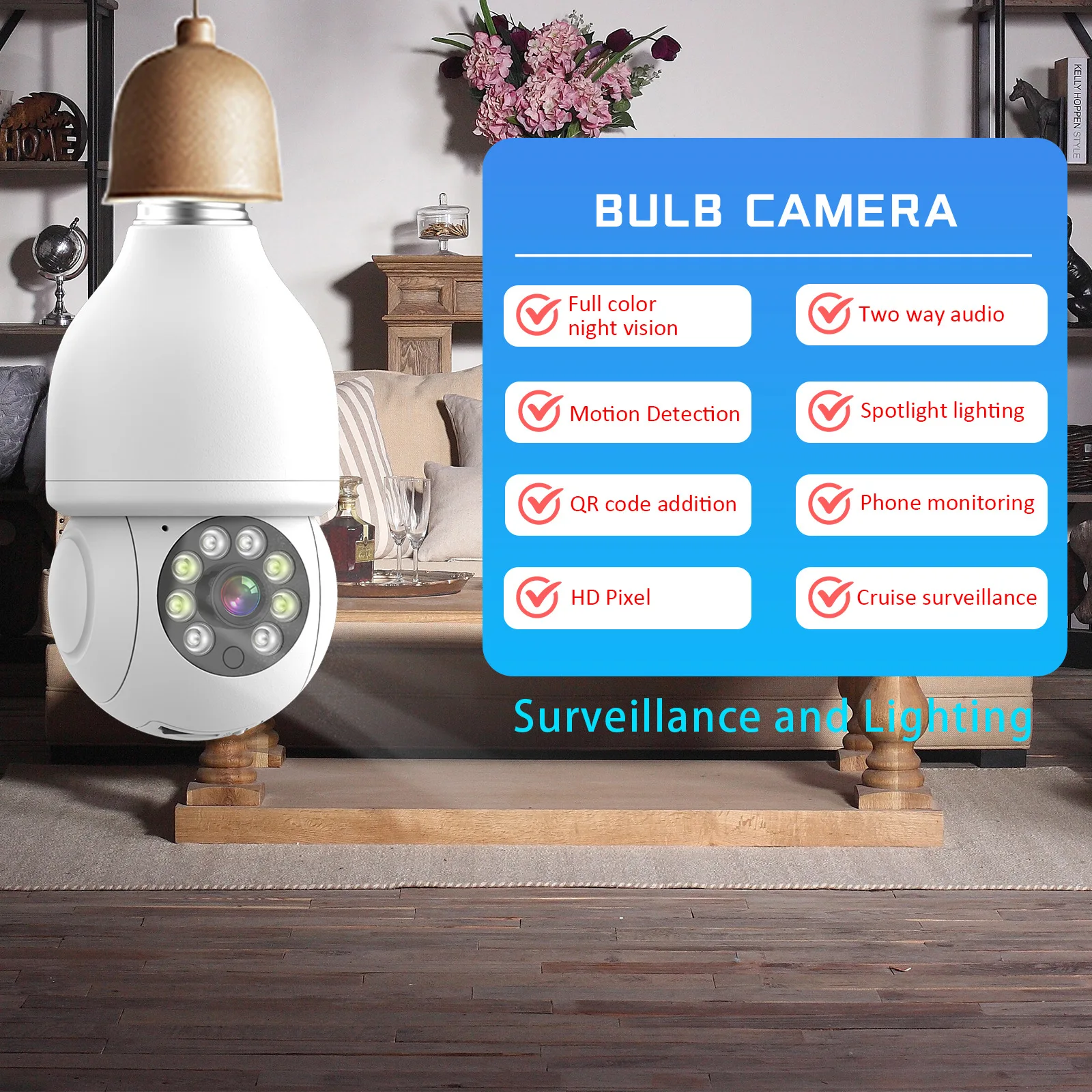 3MP 1296P iCsee APP  E27 Lamp Head Socket Full Color Wireless PTZ IP Dome Camera Intercom Home Security Baby Monitor