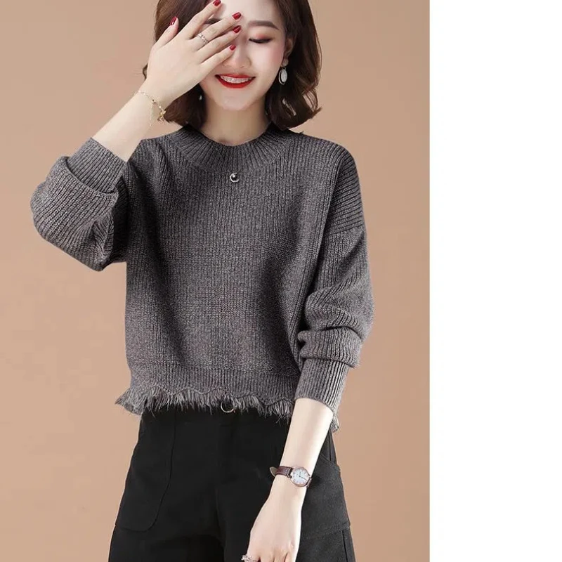 Temperament Fashion Autumn Winter New Sweaters Women O-Neck Solid Tassel Korean Long Sleeve Loose Short Pullovers Knitted Top