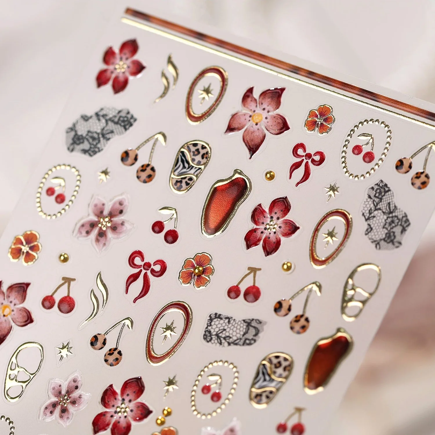 Warm Vintage Contrast 5D Nail Art Stickers Red Brown Leopard Cherry Five-Petal Flower Oval Frame Lace Bow Amber Gem Decals DIY