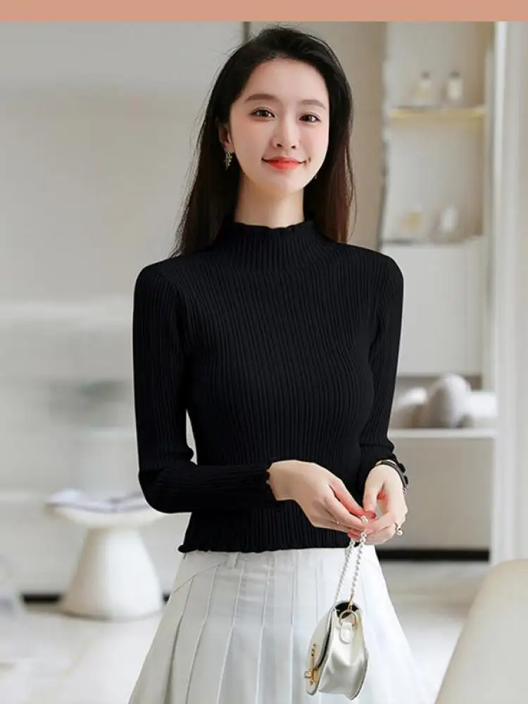 

Autumn Winter Half High Neck Slim Pullover Sweater Women Korean Vintage Solid Velvet Long Sleeved Knitted Tops Casual Thick Chic