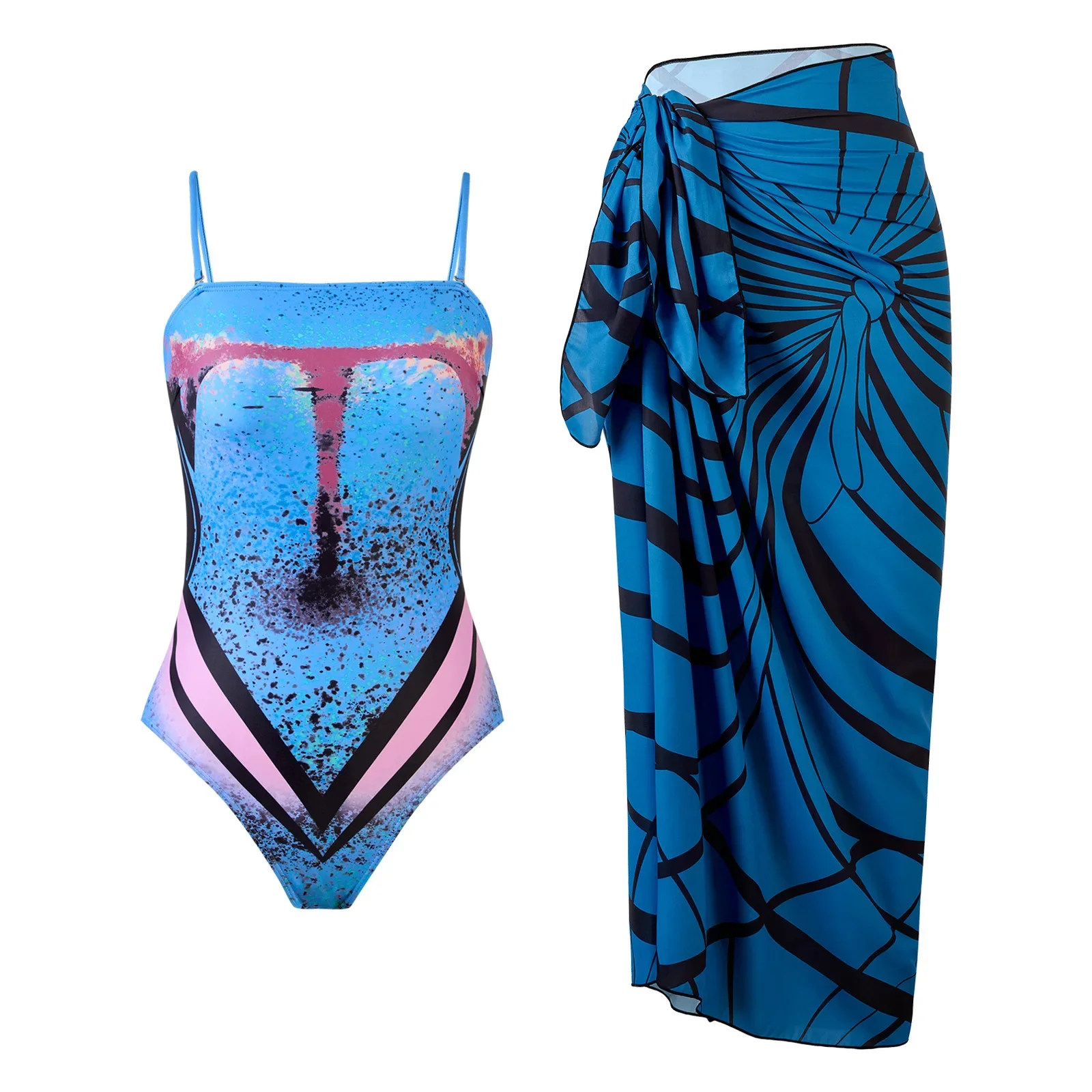 

Sexy One-piece Swimsuit 2025 Fashion Blue Printed Swimwear Polyester Skirt Two-piece Set Beachwear Push Up Women Bikini Set