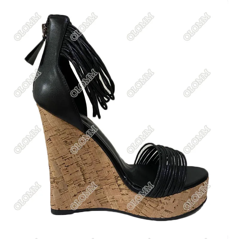 Olomm 2020 اليدوية النساء صنادل أرضية أسافين صنادل عالية الكعب المفتوحة تو أحذية الحفلات السوداء أحذية النساء الولايات المتحدة حجم كبير 4-10.5 #5