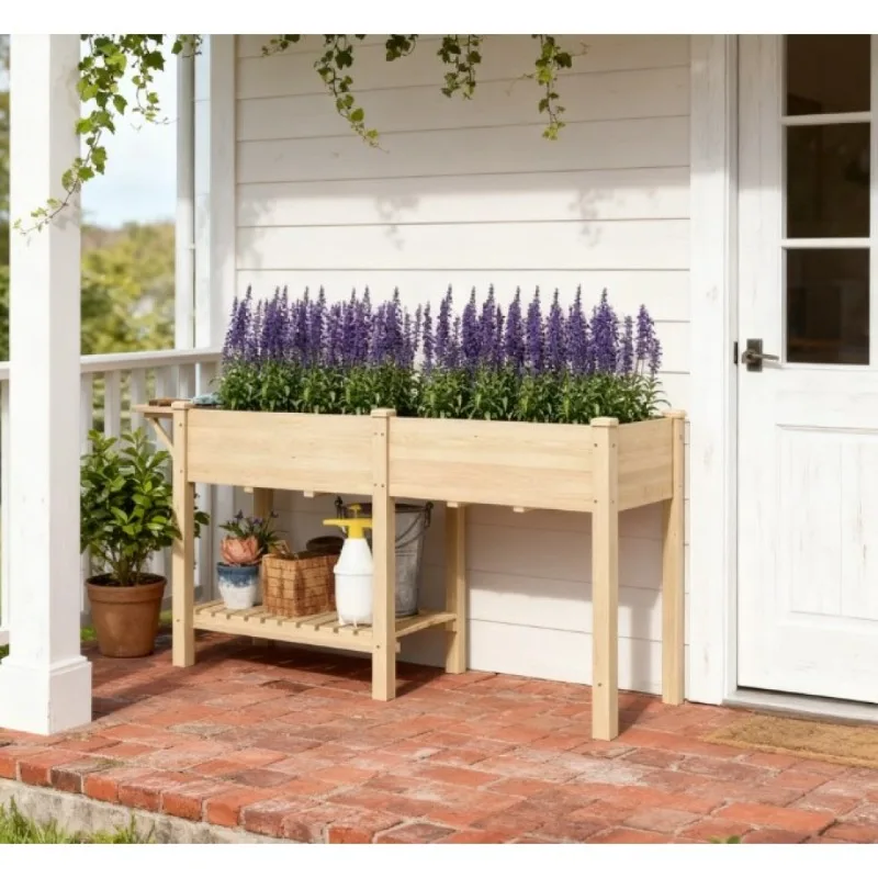 

Деревянный приподнятый ящик для цветов с полкой, уличная приподнятая садовая кровать для овощей, трав, подставка для цветочного горшка, патио, балкона