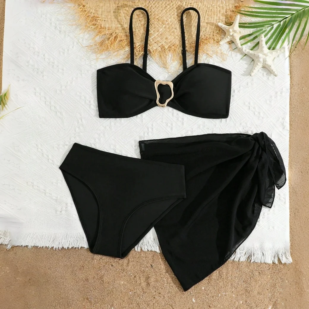 2026 3pcs/Set Tween Girl Swimwear Easy Metal Buckle Decor Bikini Swimsuit Set Solid Balck White Color Bathing Suit 8Y To 12Y