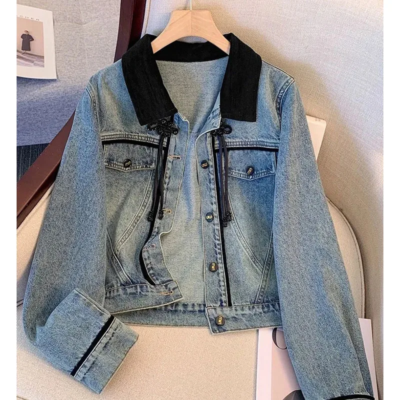 Veste en jean vintage pour femme, manteau en denim décontracté pour femme, nœud chinois décoratif, tout match, document d'abonnés, printemps, nouveau, 2024, Y-adt