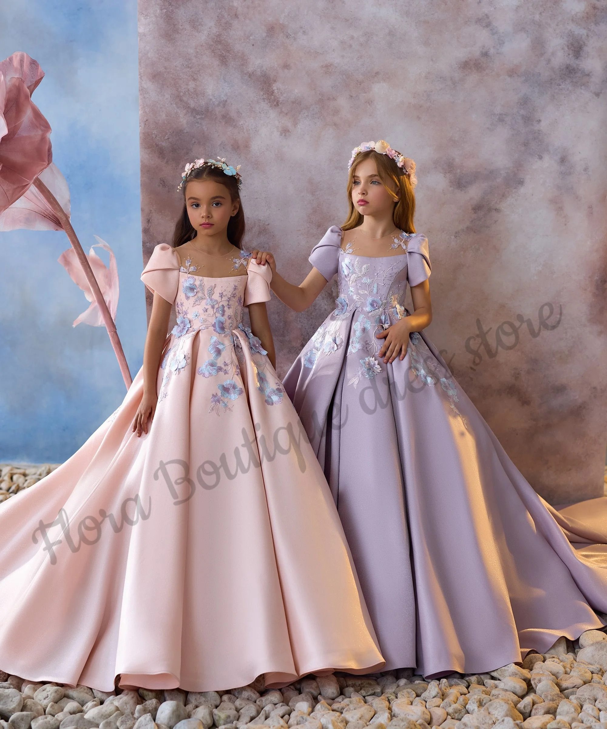 Плиссированное трапециевидное платье принцессы с кружевной аппликацией, великолепное платье с цветочным узором для девочек, платья в пол, платья для девочек на день рождения, первое причастие