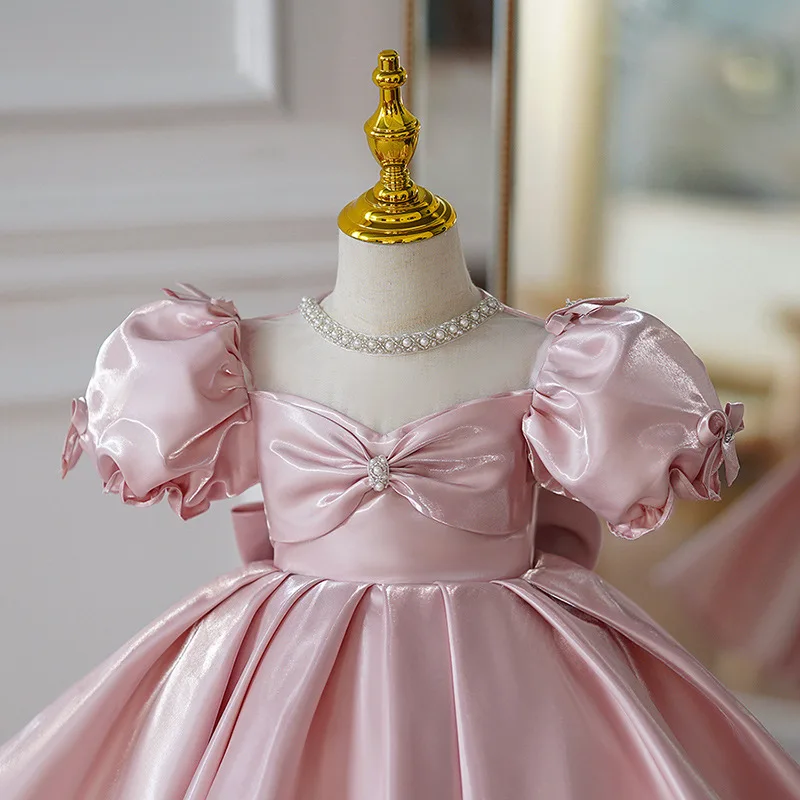 Kids Pink Luxury Birthday Party Dress for Little Girls Princess Short Evening Gowns Pageant Child Formal Occasion Dresses Satin