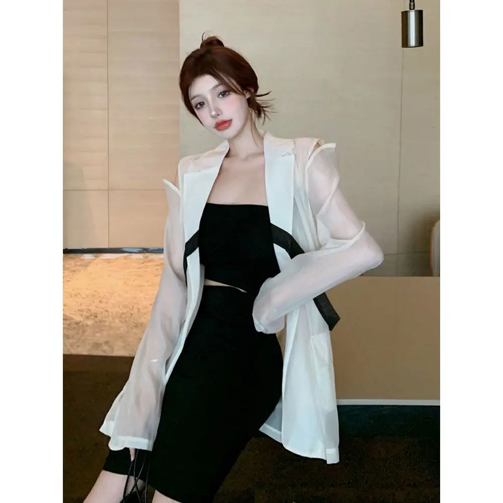 

Summer Mid-length Chiffon Blazer Women Solid Loose Thin Jacket Coat Femme Elegant Cardigan Korean Style Streetwear Suit A305