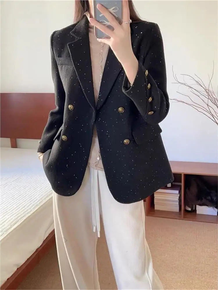 سترة نسائية أنيقة ولامعة للربيع والخريف، تصميم فضفاض متعدد الاستخدامات، ملابس خارجية طويلة الأكمام مناسبة للمكتب