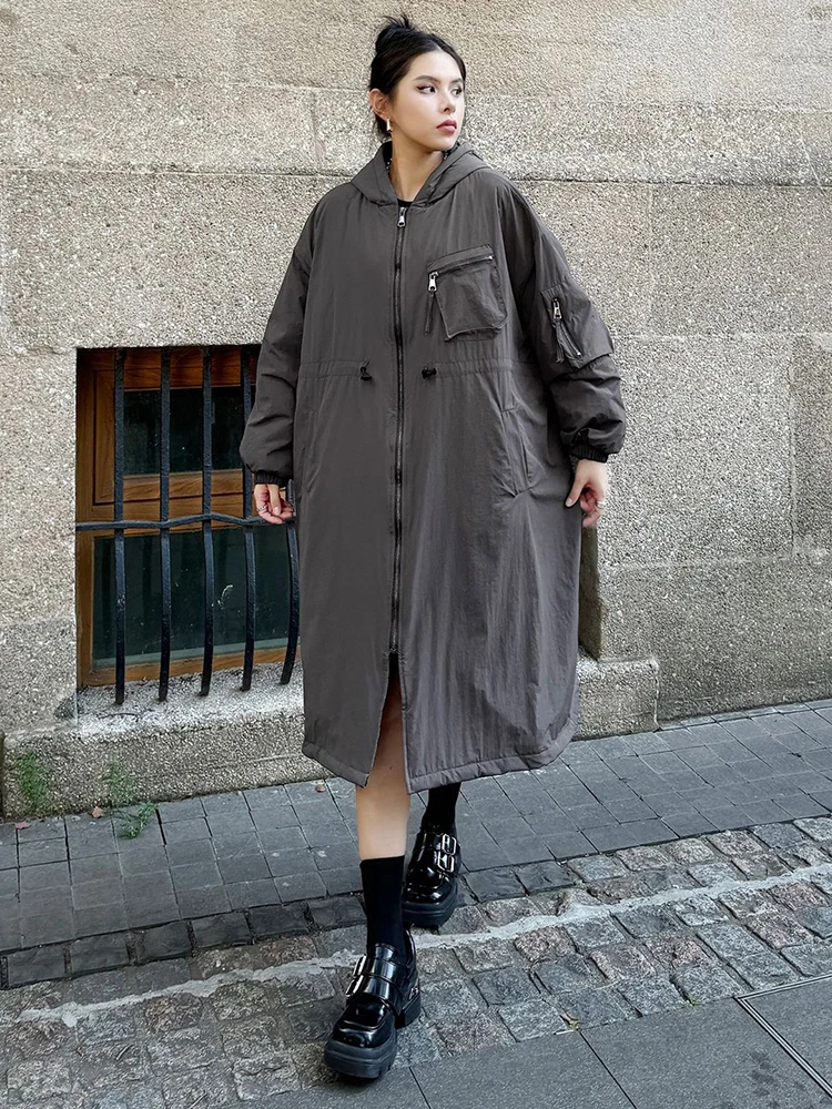 [EAM] Dark Gray Big Size Long Hooded Cotton-padded Coat Long Sleeve Women Parkas Fashion Tide New Autumn Winter 2024 1DH7696