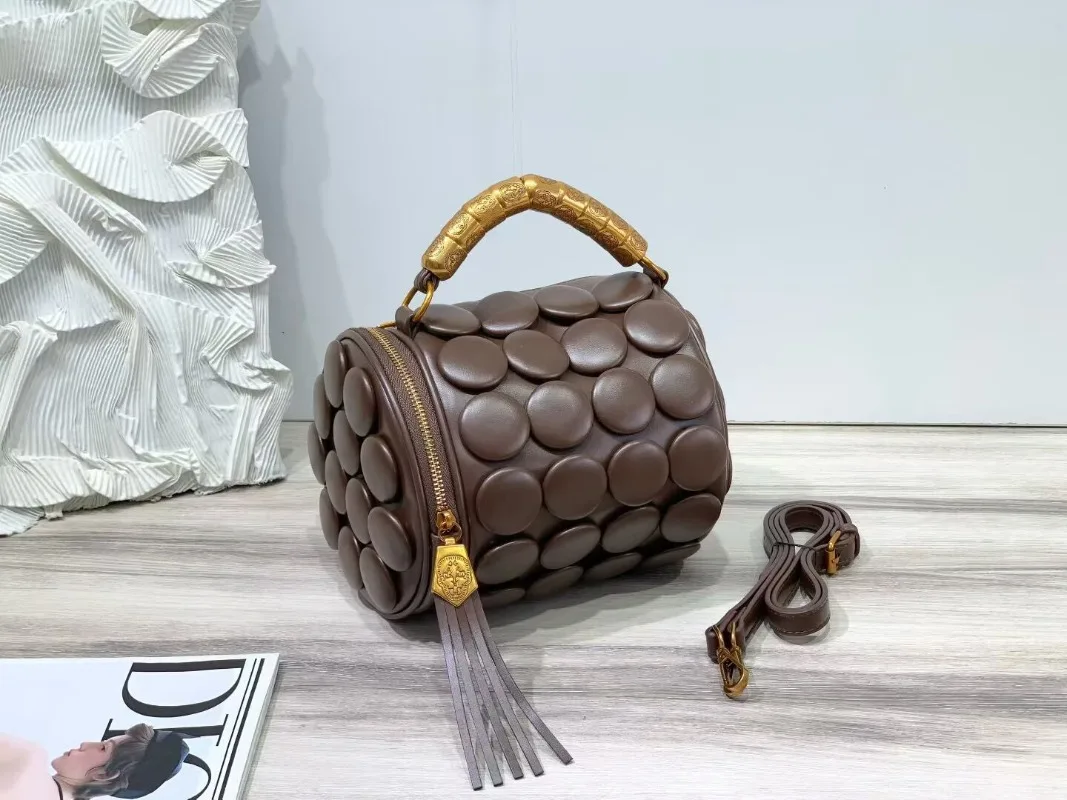 

Retro Button Leather Handbags for Women Luxury High-End round Tube Bucket Bag Fashion Shoulder Crossbody Bag