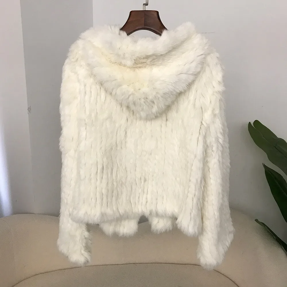 2024 Autumn and Winter New Encrypted Thickened Handmade Double-sided Woven Hooded Korean Style Short Rabbit Fur Coat for Women