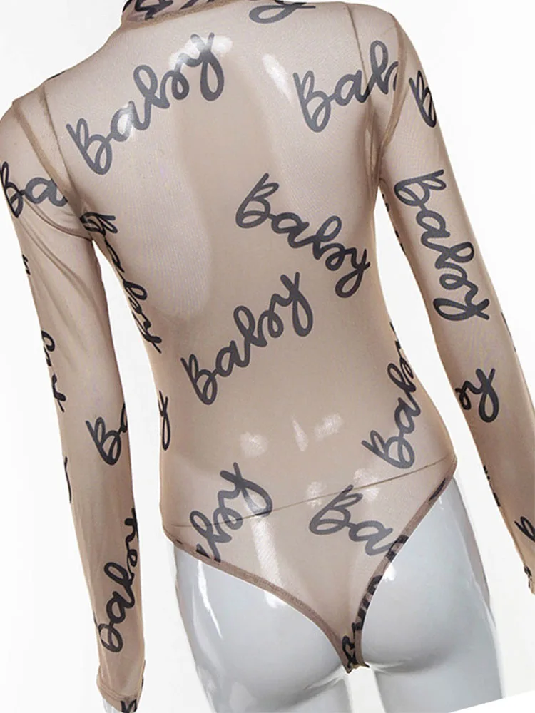 Women's Letter Print Transparent Mesh Bodysuits, Long Sleeve, See Through Baby Bodycon, Rompers, Women Jumpsuits, Summer, Sexy