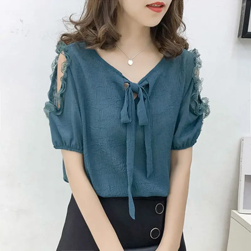 Office Lady Hollow Out T Shirts Summer Short Sleeve Bow Patchwork V Neck Solid Loose Lacing Tops Elegant Fashion Women Clothing