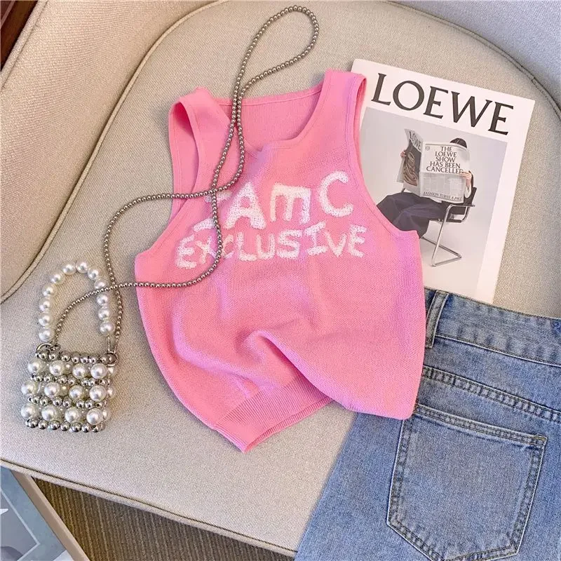 Pink Sleeveless Knitted Halter Vest Women\'s Summer 2024 Fashion Letter Embroidered Crop Top Outside Wear Tank Top