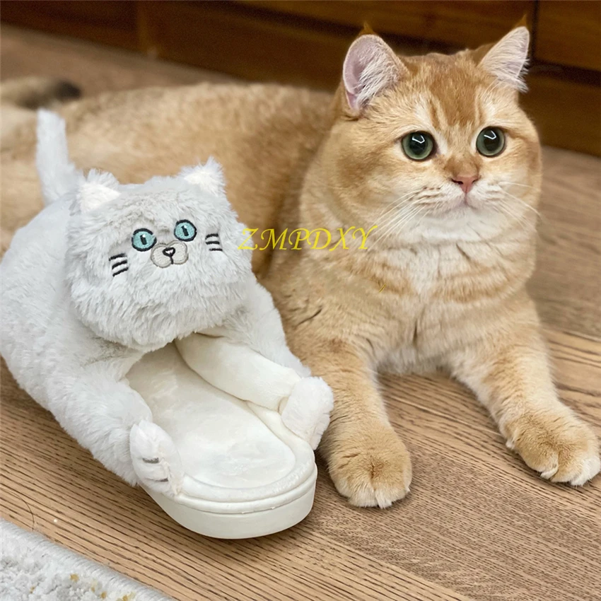 Women Cute Cartoon Plush Cat Slippers Funny Hug Cat Shoes Home Slip On Slippers Warm House Shoes Winter Girl Flat Flip Flops