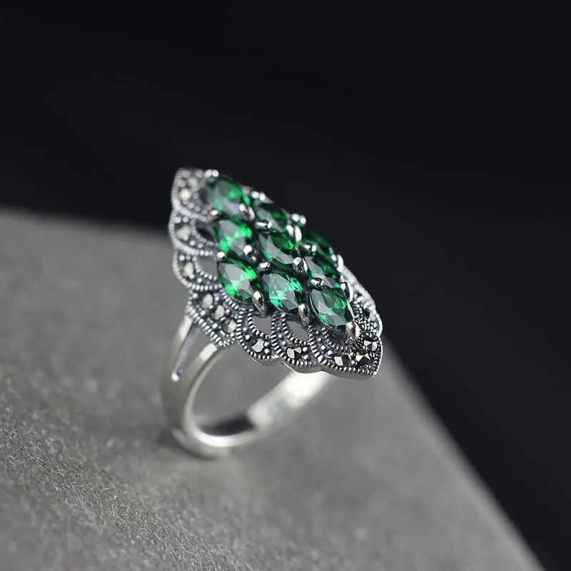 Fashionable 925 Sterling Silver Green Zircon Ring Retro And Exaggerated Women's Thai Silver Temperament Jewelry