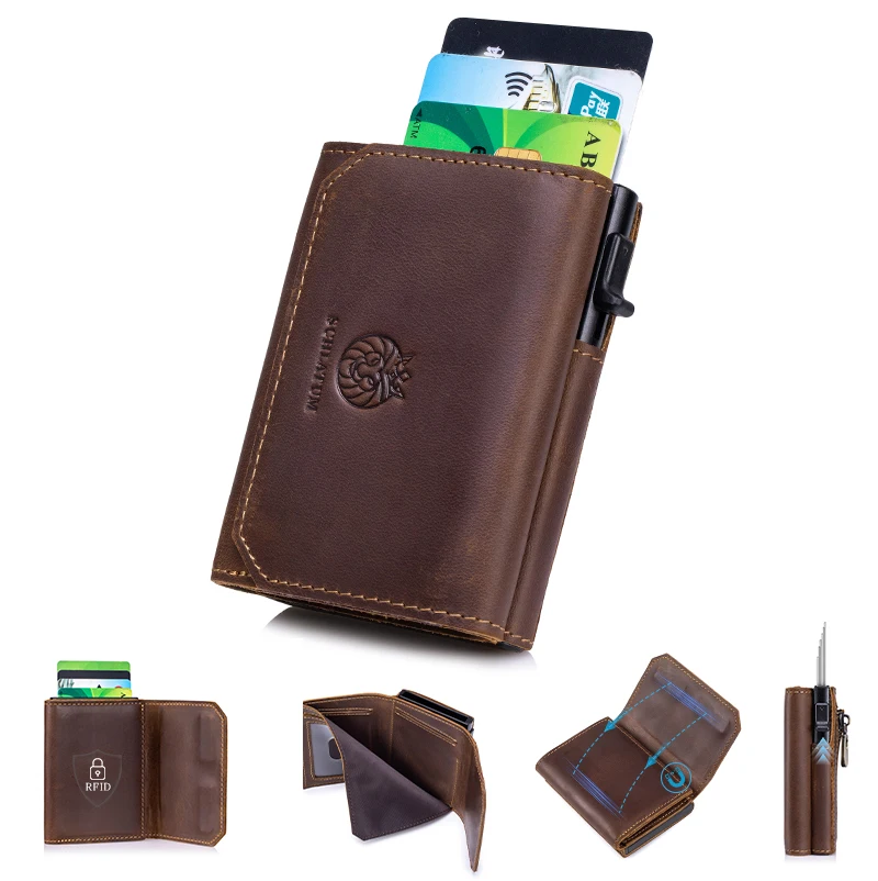 Metal Card Holder Pop Up Wallet for Men Genuine Leather Trifold Wallet Smart Minimalist RFID Blocking Front Pocket